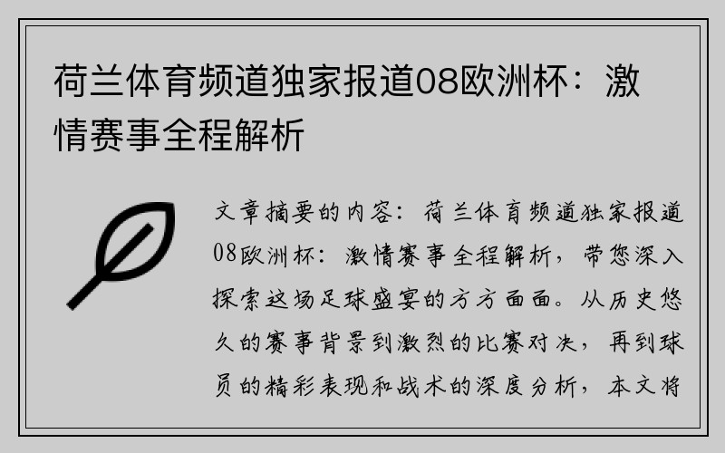 荷兰体育频道独家报道08欧洲杯：激情赛事全程解析