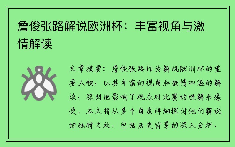 詹俊张路解说欧洲杯：丰富视角与激情解读