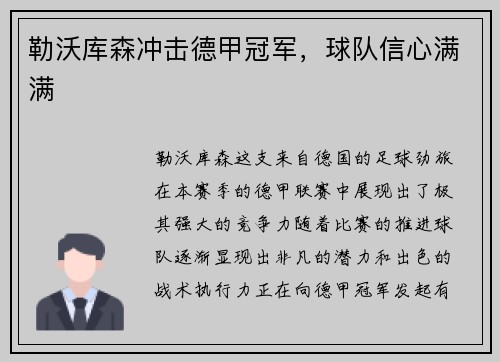 勒沃库森冲击德甲冠军，球队信心满满