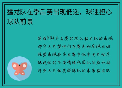 猛龙队在季后赛出现低迷，球迷担心球队前景